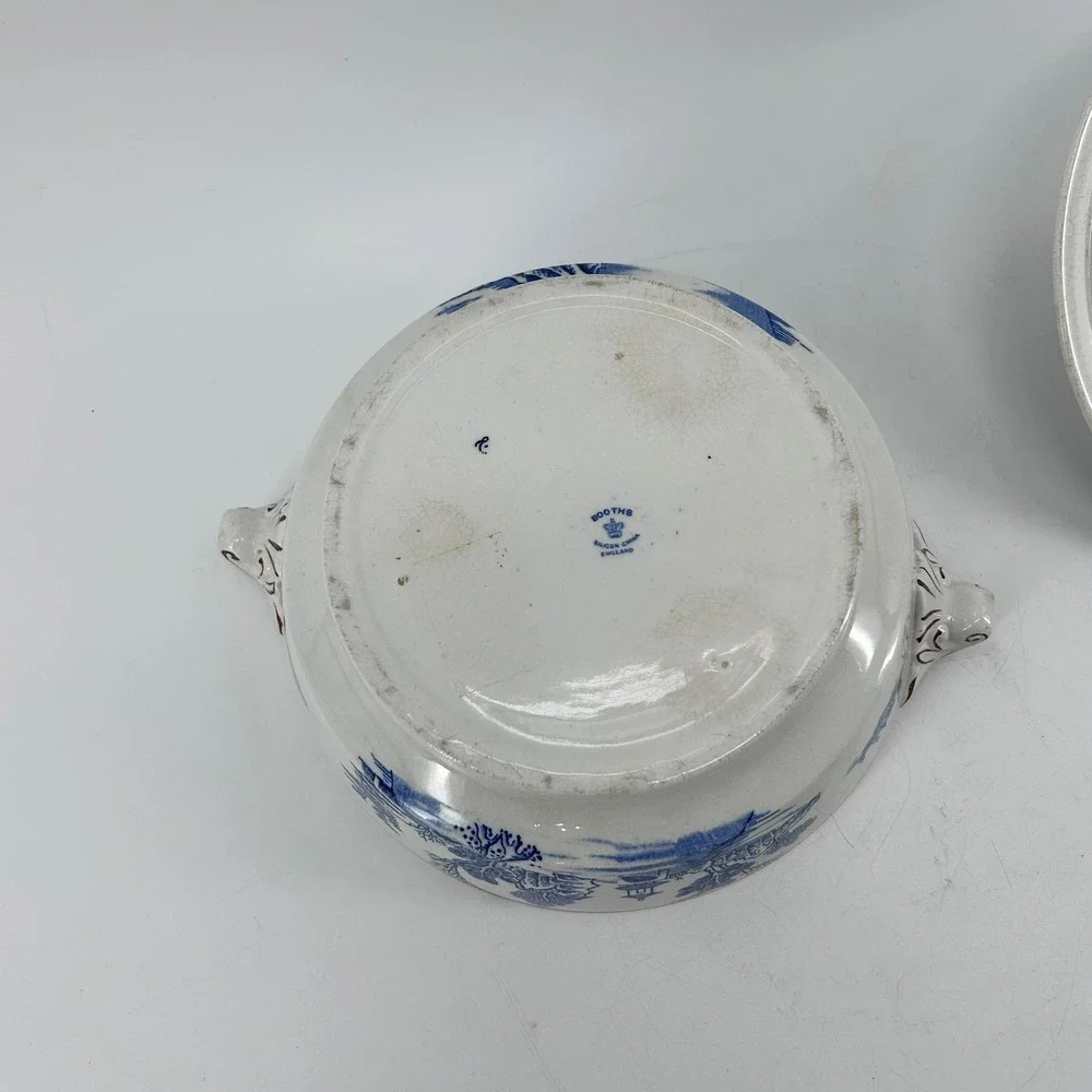 Booths Silicon China Blue Willow Tureen Serving Bowl England Pagoda Pattern